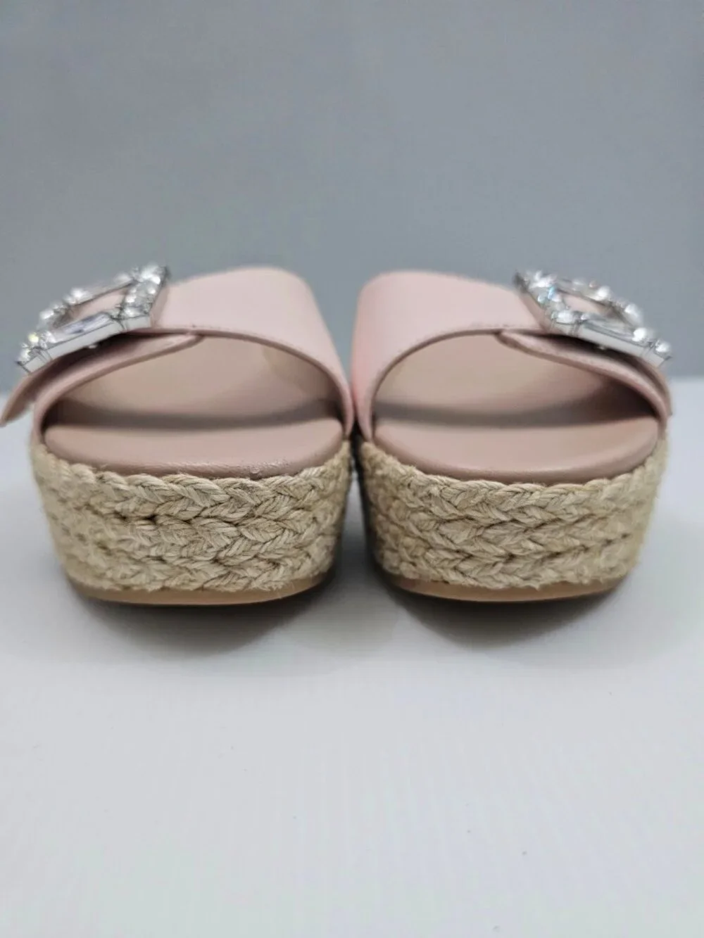 Stuart Weitzman June 75 Espadrille Wedge Sandal Size 9 Blush Pink Crystal Buckle
